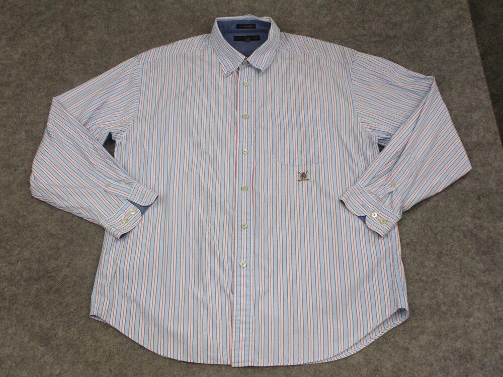 Tommy Hilfiger Shirt Mens Large L Blue Button Up Casual Striped Logo Oxford